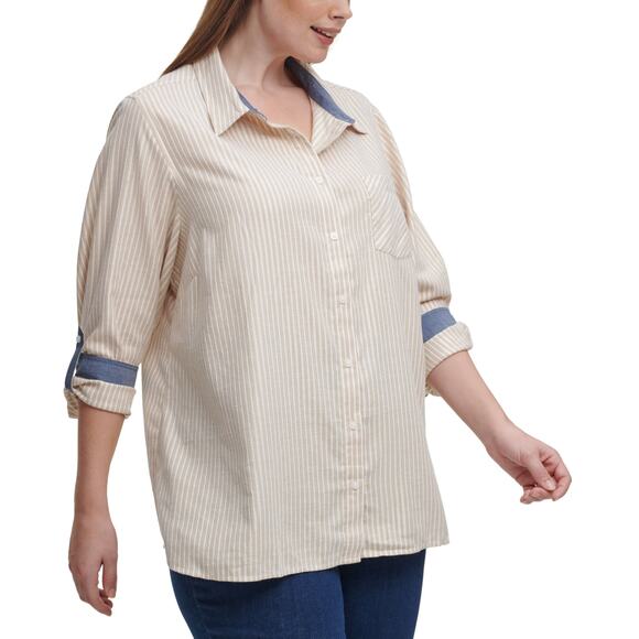Tommy Hilfiger Womens Plus Metallic Button-Down Blouse - Picture 1 of 2